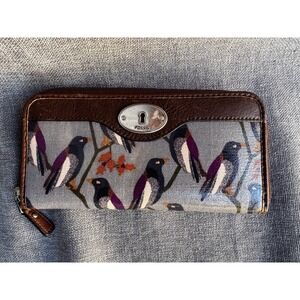 New Fossil Key-Per Wallet Coated Canvas Leather Trim Bird Print Missing Key